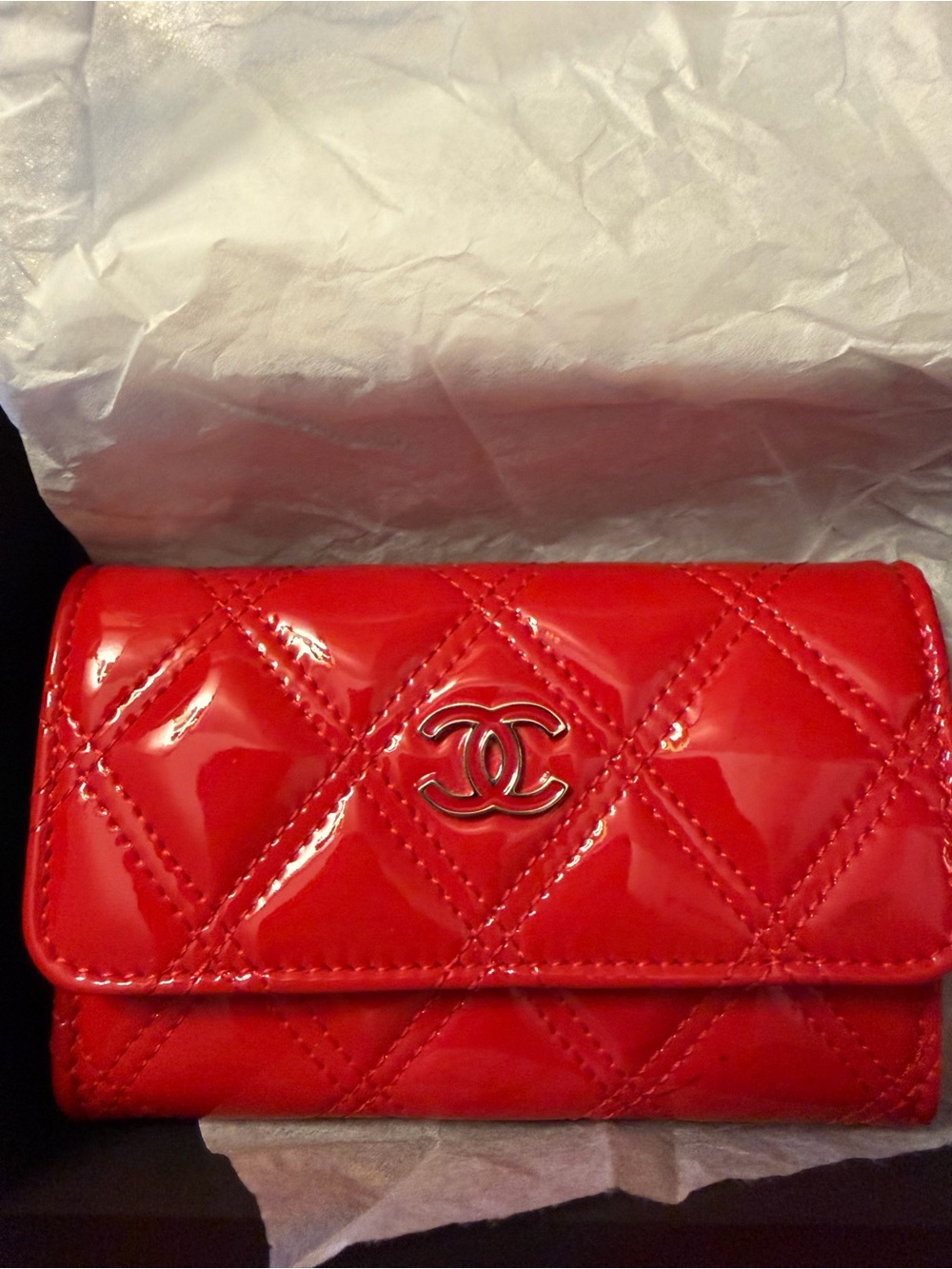CHANEL Red Quilted Patent Leather cards holder